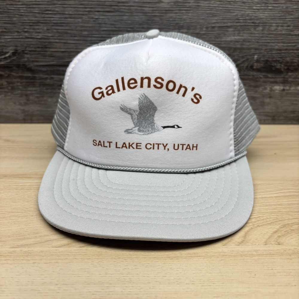 Vintage Gallensons Hat Cap Snap Back Gray White Trucker Mesh Mens Utah 80s